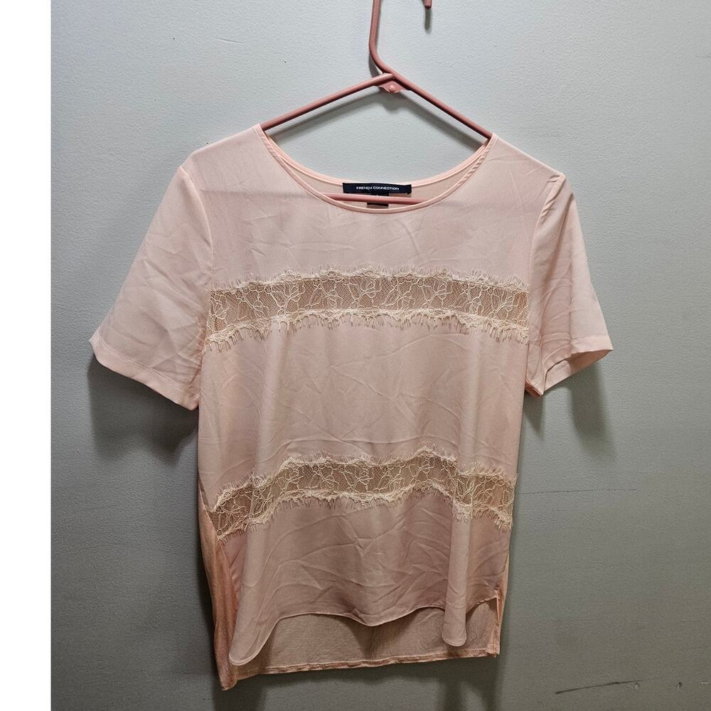 French Connection Blush Pink Lace Semi Sheer Blouse Top L NWOT
